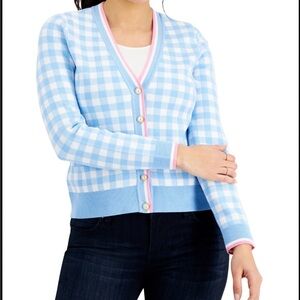 🔷🔹Charter Club Cottagecore Blue and White Gingham Pink Trim Knit Cardigan XL